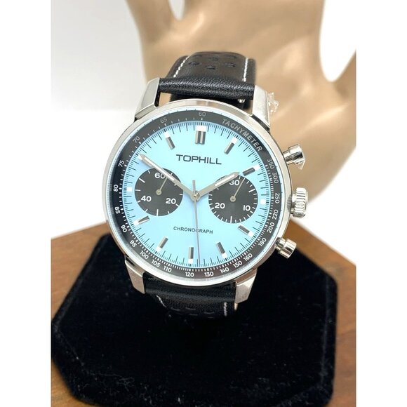 Tophill Men's Watch Mechanical Chronograph Blue Dial Black Leather Band 40mm - Picture 1 of 14